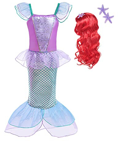 Lito Angels Meerjungfrau Prinzessin Arielle Kostüm Kleid Verkleidung mit Haar Perücke für Kinder Mädchen, Größe 5-6 Jahre 116, Lila