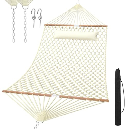 TONAHUTU Traditionelle handgewebte Baumwollseil-Hängematte mit Verlängerungsketten für den Innen- und Außenbereich, Terrasse, Hof, Kapazität 450 LSB für zwei Personen (Natur)