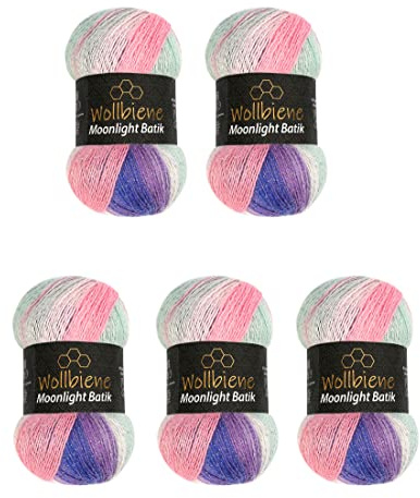 Moonlight Glitter Batik Simli 5 x 100g Strickwolle 500 Gramm Wolle zum Stricken und Häkeln 20% Wolle Metallic-Wolle Farbverlaufswolle Glitzerwolle (3090 lila grün rosa)