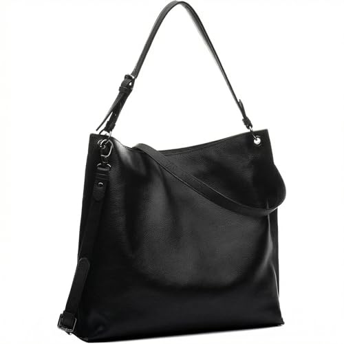 FEYNSINN Hobo Bag echt Leder - Beuteltasche Juna - Schultertasche Damentasche mit Schultergurt - Ledertasche Damen schwarz handgefertigt
