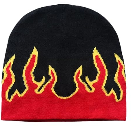 Navna Y2K Beanies Strickmütze, Slouchy Graphic Skullies Flame Skull Cap Flame Beanies Rot, rot