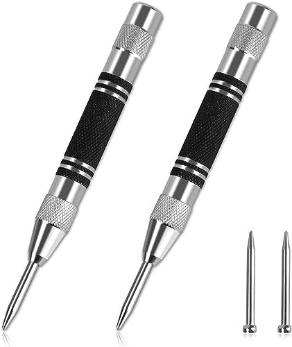 WuGU 2 Pièces Pointeau Automatique, 130mm Pointeau Automatique Impact Réglable, Poinçons Centraux à Ressort, Livré avec 2 Têtes de Rechange en Métal, pour Bois, Mur, Plastique, Métal, Verre