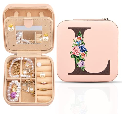 Reise-Schmuckschatulle mit Spiegel, Reise-Essentials-Schmuckhalter-Organizer, Ring-Halskette-Ohrring-Organizer, personalisiertes anfängliches Reiseschmuckkästchen, Geschenke für Frauen und Mädchen,L
