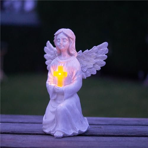 Bestfor Buying LED Solar Powered Garden Resin Angel With Illuminated Cross Waterproof Lamp Light Figurine Statue for Outdoor Use in Cemeteries, Gardens, Lawns and Porches