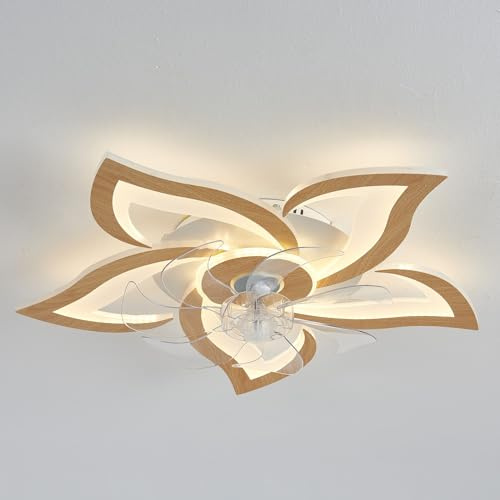 Forma Di Fiore Ventilatore Da Soffitto Con Luce E Telecomando Dimmerabile Con Timer DC Motore Silenzioso Reversibile Lampadari Con Ventilatore Design Per Camera Da Letto Soggiorno-Yellow wood grain