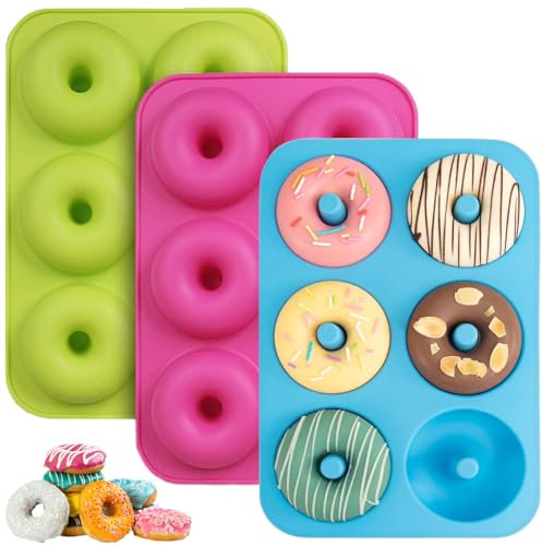 HIKPACKER 3 Pezzi Stampo Ciambelline Silicone 6 Cavità per Ciambelle, Antiaderente, Donuts, Baking Biscotti (Blu, Verde Chiaro, Rosa Rossa)