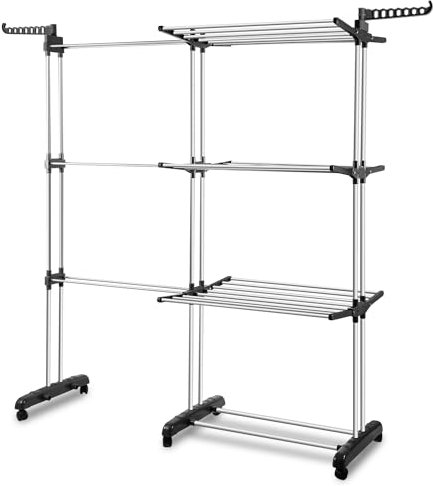 Daromigo Stendibiancheria a torre, 4 piani con 2 ali pieghevoli, stendibiancheria allungabile, lunghezza 75 – 150 cm, stendibiancheria con alette, asciugabiancheria pieghevole, ruote girevoli a 360°