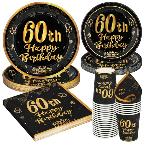 PARTY GO 96 Stück Party-Pappteller Schwarz Gold 60 Geburtstag Partyteller Partygeschirr für 24 Gäste