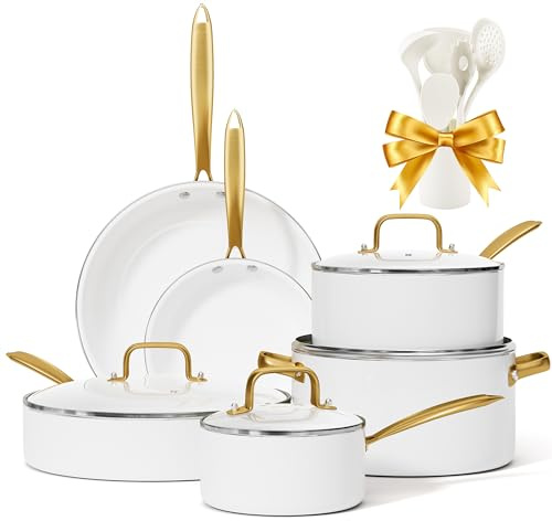 VONIKI Cookware 16 Pcs Pots and Pans Set Non Stick, Non Toxic, Dishwasher Safe, Gift | Cookware Sets with Cooking Utensils Set, Non Toxic Cookware Set White Gold Pan Set for Cooking Pot Oven & Dishwasher Safe