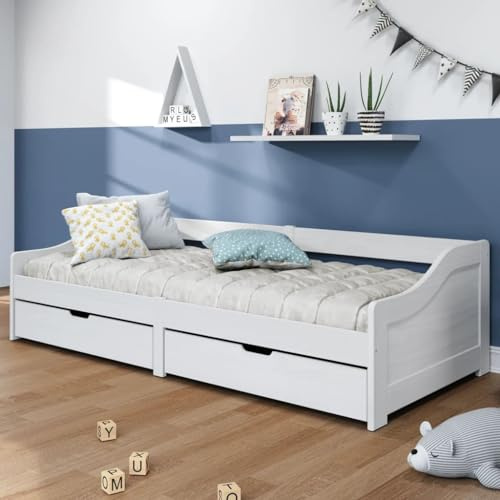 CKioict Palettenbett Modernes Bettgestell Jugendbett Tagesbett mit 2 Schubladen iRun Weiß 90x200cm Massivholz KieferGeeignet für Gästezimmer, B&Bs, Schlafzimmer