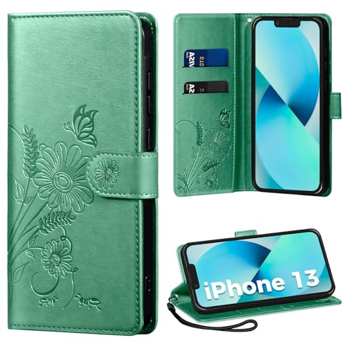 Thorhülle Handyhülle für iPhone 13 Hülle, Schutzhülle für iPhone 13 PU Lederhülle Tasche Flip Case Kartensteckplätzen Klapphülle Kompatibel mit iPhone 13 Hülle, Grün