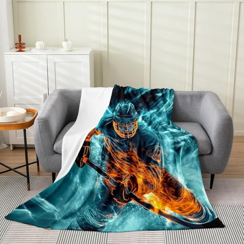 Erosebridal Ice Hockey Blanket Queen 90x90, Puck Hockey Smoky Fire Throw Blanket for Sofa Bed, Cool Athlete Ball Printed Kids Teens Soft Fleece Blanket, Blue Black Sports All Seasons Fuzzy Blanket