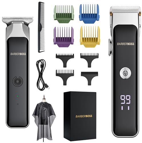 BarberBoss Haarschneidemaschine Herren, Präzisionspflegeset mit Keramikklinge, Professionelle Haarschneidemaschine Bart- und Haarschneider für Männer, Einstellbares Zifferblatt mit LED-Batterieanzeige