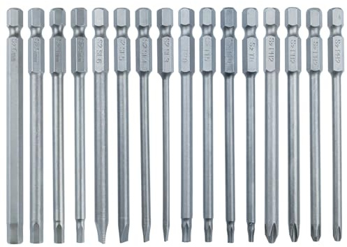 16pcs 1/4 Hex Shank 100mm/4 Inch Long Screwdriver Bit Sets, Magnetic Hex Head Allen Wrench, Torx Bit Set, Flat Head Slotted Tip Bit, Cross Phillips Screwdriver Bits