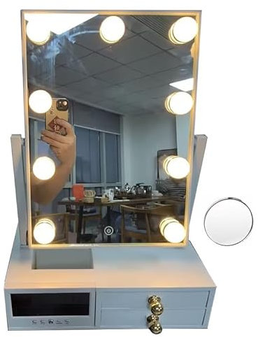 Star Vision 3-in-1 Large Lighted Hollywood Mirror & Jewelry Organizer & Digital Thermometer Hygrometer Clock, 3 Color Tones & Dimmable Light, 2-Layer Drawers, Includes a 10X Magnification Mirror