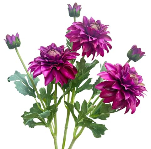 3 dalias artificiales moradas, flores de seda de 21 pulgadas con tallos, flores de invierno artificiales para decoración, flores artificiales de tallo largo para jarrón alto, decoraciones de primavera