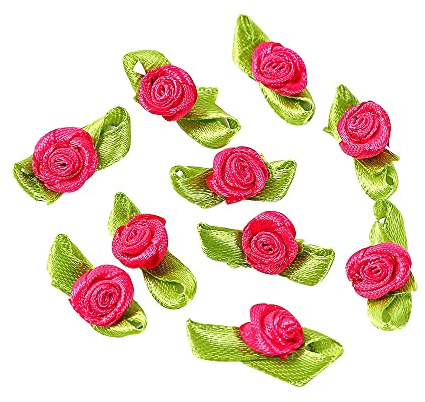 Blausky 100 Stück Künstliche Blumen Rosen Köpfe Satinrosen,Schleifen Rosen mit Blatt,Mini-Stoffrosen Satinröschen Aufnäher,Deko-Rosen Patches zum Basteln Annähen Haarschmuck 3.2x1.8cm,Rosa