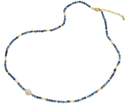 AMDXD Halskette Damen Jugendstil, Perlen Bead Anhänger Halskette Bead-Kette, Damen Vergoldet Edelstahl Halsketten Damen mit Perle, Gold Blau, 50CM