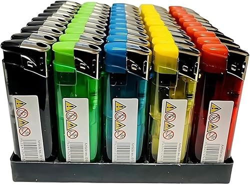 OBD 50 x Multipack Electronic Lighters Windproof Adjustable Flame Lighter Refillable With Child Safe Lighters for Candle Home Kitchen BBQ Lighter for Outdoor Use (Assorted Colour)