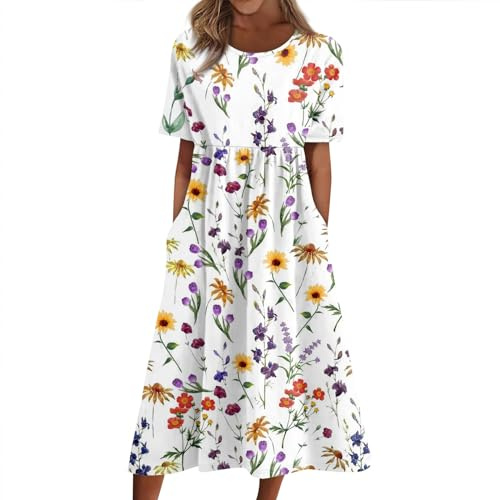HSUAYEUD Summer Dresses for Women UK Loose Casual Sundres Short Sleeve Beach Dress Ladies Floral Bohemian Dress with Pockets
