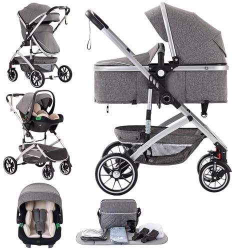Lnhcrbs Passeggino 3 in 1, Telaio del Passeggino Leggero con Maniglia di Spinta Regolabile in Altezza, Carrozzina Reversibile Rivestita con Zanzariera, Sacca per La Mamma e Portabottiglie,Grigio