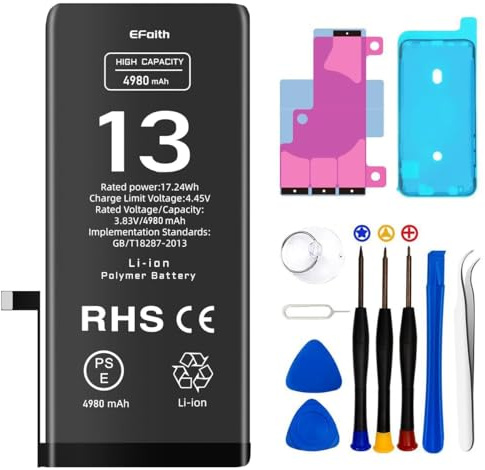 KERID Batterie pour iPhone 13 3980mAh Batterie de Remplacement Haute capacité 0 Cycle avec Kits d'outils de réparation Professionnels et adhésif pour modèleA2482, A2631, A2634, A2635 (13-4980mAh)