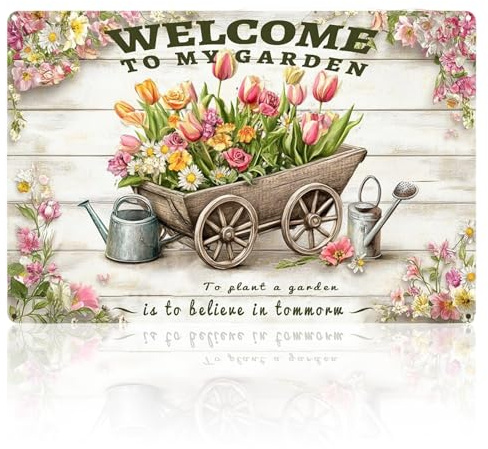 Garden Signs, Welcome to My Garden Metal Plaques for Outside, Vintage Wall Art Hanging Iron Painting, Gardening Gifts for Gardening Lovers and Yard Outdoor Decor (White)