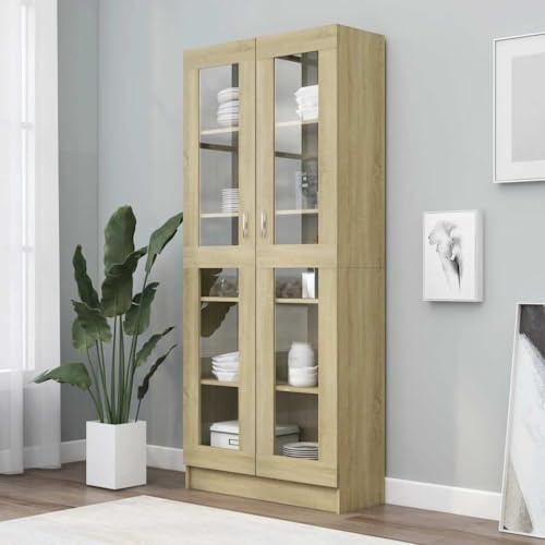 QUAHEAS Vitrinenschrank Sonoma-Eiche, 82,5x30,5x185,5 cm, Holzwerkstoff, mit Glastüren, für Bücher, Deko und Medien