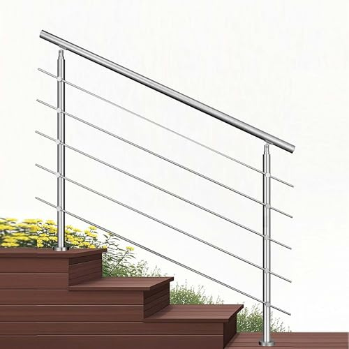 Garde-corps 180cm argenté, 1 main courante, 5 traverses, inox 201, intérieur et extérieur, design moderne - kit complet