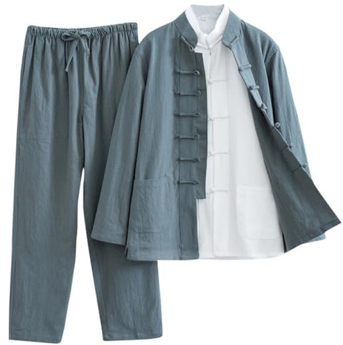 Cotton Linen Tai Chi Uniform Set of 3 Loose Kung Fu Suit Chinese Tang Suit Men Martial Art Jacket green-5XL