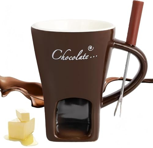 1PC Chocolate Fondue Mug with Forks, Chocolate Melting Cup, Ceramic Melting Chocolates Mug, 200ml Meltings Love Fondue Cup Pot,Ceramic Butter Warmer Set, for Candy Snacks Caramel Party