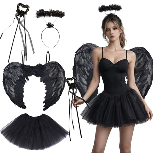 GWAWG Paquete de 4 disfraces de ángel negro, traje de ángel caído con varita de cuerno de ala, falda tutú, Halloween, carnaval, Navidad, mascarada, cosplay, fiesta, decoración de disfraces