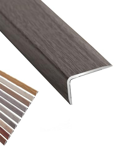 Aluminum Floor Transition Strip Stair Edge Nosing, 90cm L-Shaped Wood Grain Doorway Trim - Corner Protector Cover for Wall Cabinet Baseboard Threshold Stair Treads(Grey Oak,L900xW15xH8mm)