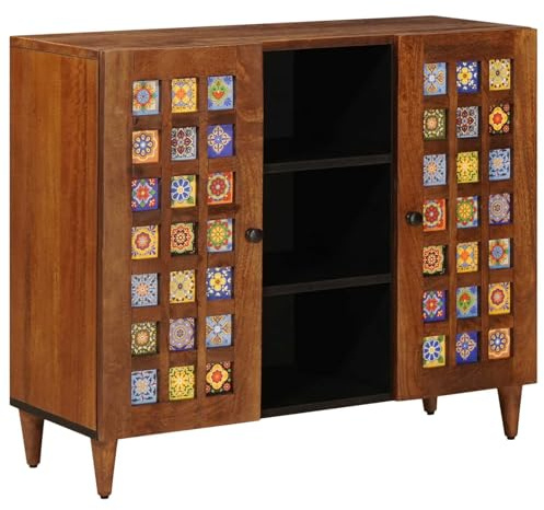 Hoopleep Buffet avec étagère en noyer 90 x 33,5 x 75 cm - Bois massif mangue - Meuble de rangement durable pour salle à manger, bibliothèque et organiseur décoratif