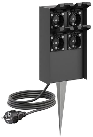 ledscom.de Colonne de Prises de Jardin POMI avec Piquet de Terre et 2m de câble pour l'extérieur, IP44, 4X, Anthracite, rectangulaire, 23cm