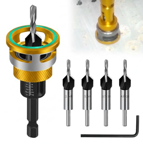 4-Piece Countersink Drill Bit Set with Depth Stop, 1/4 Hex Shank Wood Drill Bits, 82° Countersink Bits for Woodworking, HSS-M2 Precision Bits (2.8/3.2/3.5/4mm Pilot + 8/10mm Countersink) (YELLOW)