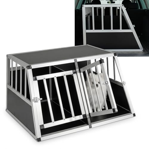 COSTWAY Hundetransportbox, Alu Hundebox mit abschließbarer Tür, herausnehmbarer Trennwand, Reisebox, Hundekäfig trapezförmig für Auto, LKW & Camping, 89 x 69 x 50,5 cm