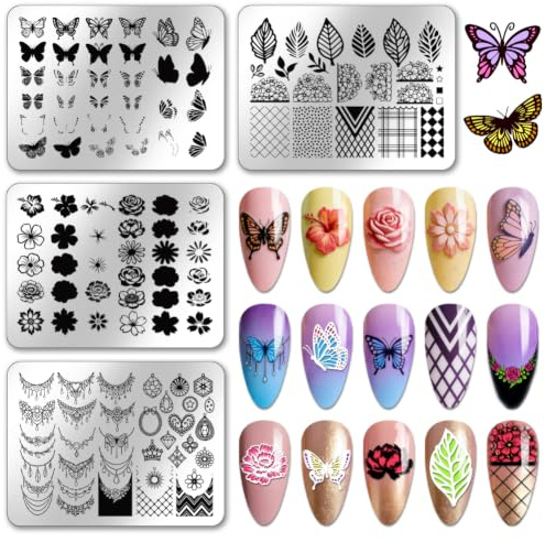 PH PandaHall 4pcs Plaques de Stamping pour Ongles Papillon Fleur Modèles pour Nail Art Collier Pendant Gabarit Pochoirs pour Ongles Feuille Plantes Géométrique Acier Inoxydable pour Femmes
