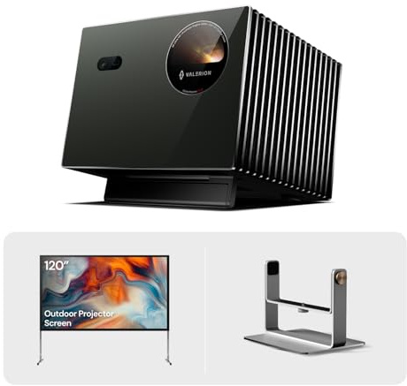 Valerion VisionMaster Pro2 4K Triple Laser Projector with 120 Outdoor Projector Screen and Desktop Gimbal Stand Bundle, 3000 ISO Lumens, IMAX Enhanced, 15000:1 Contrast, 4ms Low Input Lag