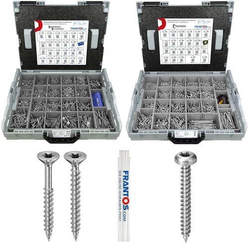 FRANTOS L-BOXX Spanplattenschrauben Sortiment Bundle 5.497 tlg. Holzschrauben (Senkkopf + Panhead) Edelstahl A2 I TX 3,0x16 – M6x80 I inkl. Torx Bit Set