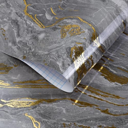 CAX Grey Gold Peel and Stick Wallpaper Marble Look Contact Paper Waterproof | 40cm x 500cm Self-Adhesive Waterproof Wallpaper,High Gloss Vinyl Film for Kitchen Countertop Furniture Easy to Remove