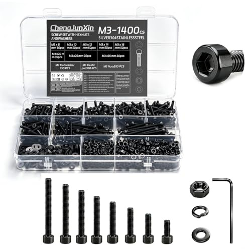 1400Pcs M3 Bolts and Nuts Set,Hex Socket Cup Head Cap Screws,Black | Carbon Steel,With Flat & Lock Washers,Assorted Sizes For Home,Office, Garage,DIY.