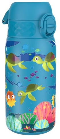 Ion8 Gourde Isotherme Enfant, Inox, 320ml, Anti-Fuite, Facile à Ouvrir, Verrouillage Sécurisé, Lavable au Lave-Vaisselle, Poignée de Transport, Durable, Acier Inoxydable, Tortue De Mer