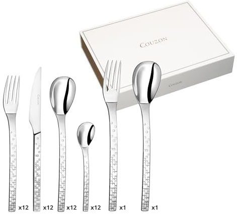 COUZON - Ménagère 50 couverts de table en coffre bois pour 12 personnes - Pix'Elle 3D - Acier inoxydable 18/10, Finition Miroir, Epaisseur 2.5 mm - Inox