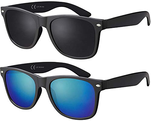 La Optica B.L.M. unisex-solglasögon, UV400 CAT 3 CE, inkl. glasögonpåse och rengöringsduk, speglade, polariserade, gradient-varianter, Uppsättning av 2 matt svart (glasögon: 1 x grå, 1 x grön spegel)