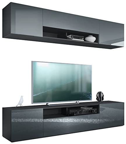 Vladon Wohnwand Mogan, Schwarz matt/Grau Hochglanz - Moderne Anbauwand bestehend aus 2 TV-Boards (181 x 147 x 35 cm)