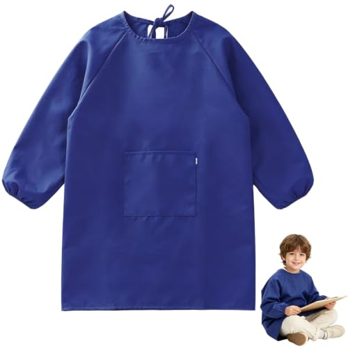 Malkittel Kinder 12-16 Jahre, Malschürze Kinder Mädchen, Kinderschürze Schule 6. klasse, Bastelschürze Tuschkittel, Jungen Taschenschürze Lange Ärmel für Malen Kochen Backen, Blau