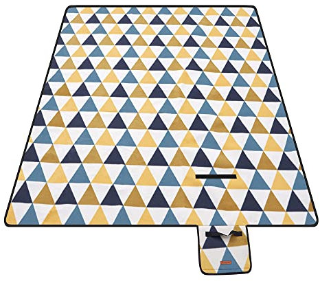 SONGMICS Picknickdecke, 200 x 150 cm, groß, Campingdecke, für Park, Garten, Strand, wasserdicht, faltbar, gelbe und Blaue Dreiecke GCM07S