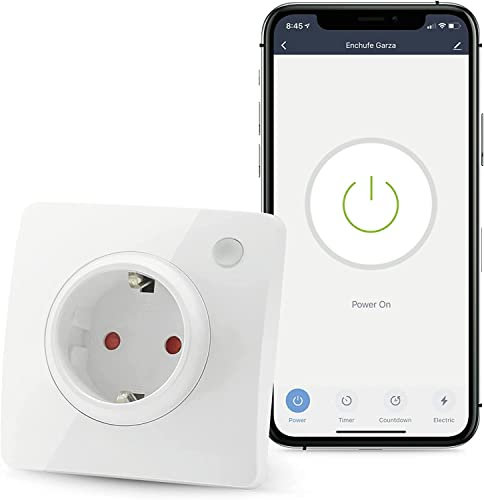Garza Smart - Enchufe Wifi Inteligente de pared, Empotrable, Programable, Wifi 2.4GHz, Con medidor de consumo, Control remoto por app y por voz Alexa/Google, Blanco