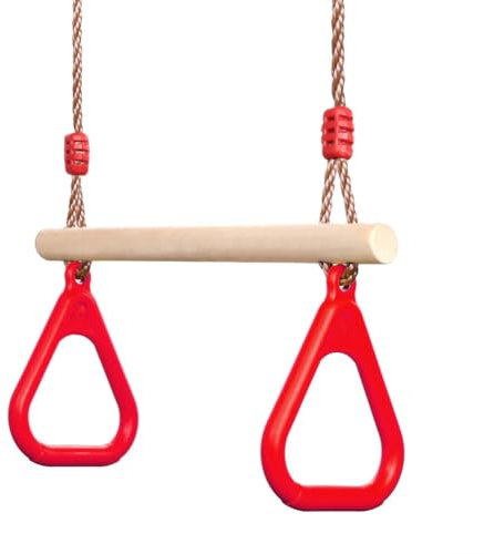 PELLOR Multifunktions Kinderholz Trapeze Schaukel mit Kunststoff Turnringe zum Aufhängen belastbar bis 160KG Rot
